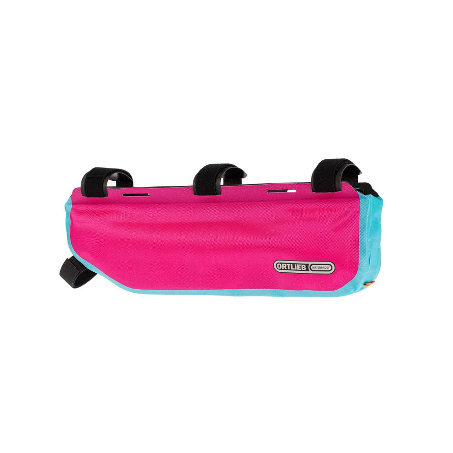 Sacoche de cadre bikepacking TopTube Ortlieb rose et bleu, imperméable avec fixation velcro solide pour vélo