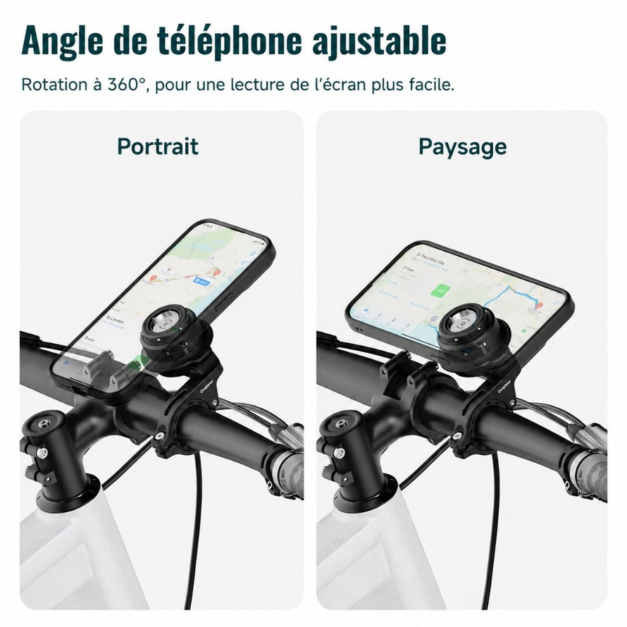 Support smartphone Outplorer QB01 avec rotation 360° pour un affichage portrait ou paysage sur guidon de vélo