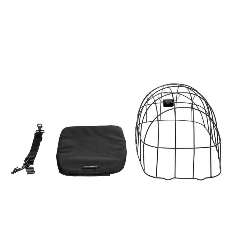 Eléments du pack de transport installé sur un panier vélo arrière Clipper de la marque Newlooxs. 