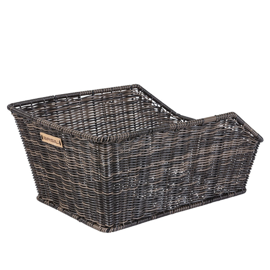 Panier vélo arrière Basil Cento Rattan Look avec fixation permanente en imitation rotin pour rangement pratique