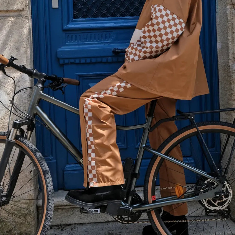 Pantalon de pluie vélo pour adulte Poule Party damier marron recyclé