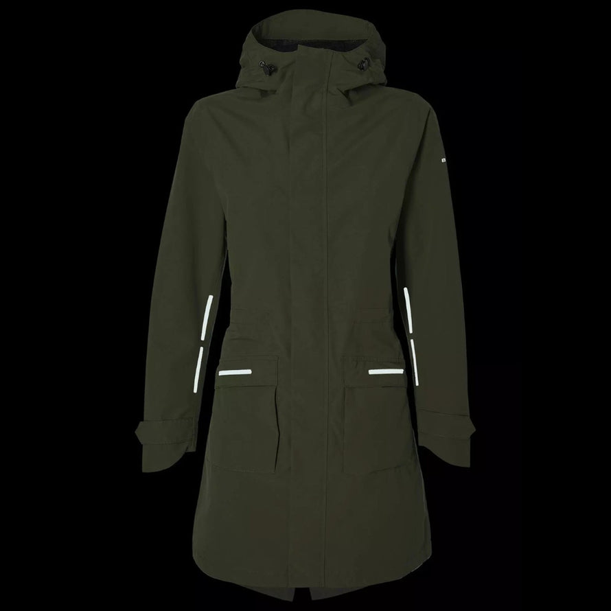Parka imperméable Mosse Basil pour femme en vert olive avec capuche et détails réfléchissants, élégante et chaude