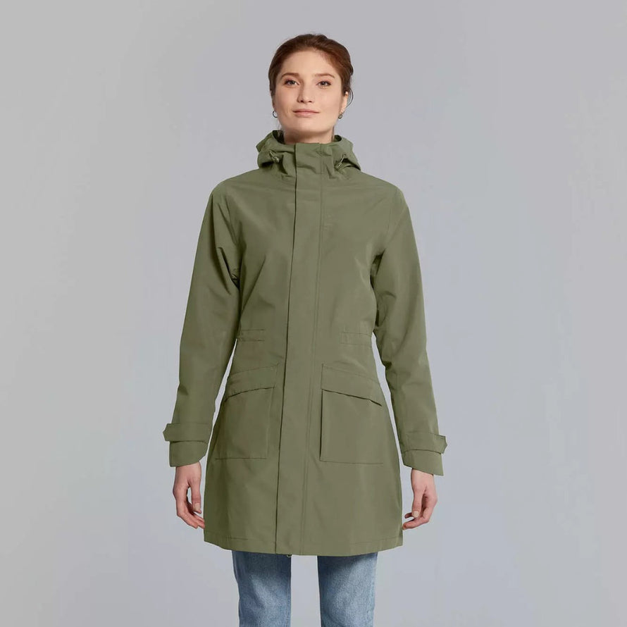 Parka imperméable femme Mosse Basil vert olive, chaude et élégante pour cyclistes urbaines