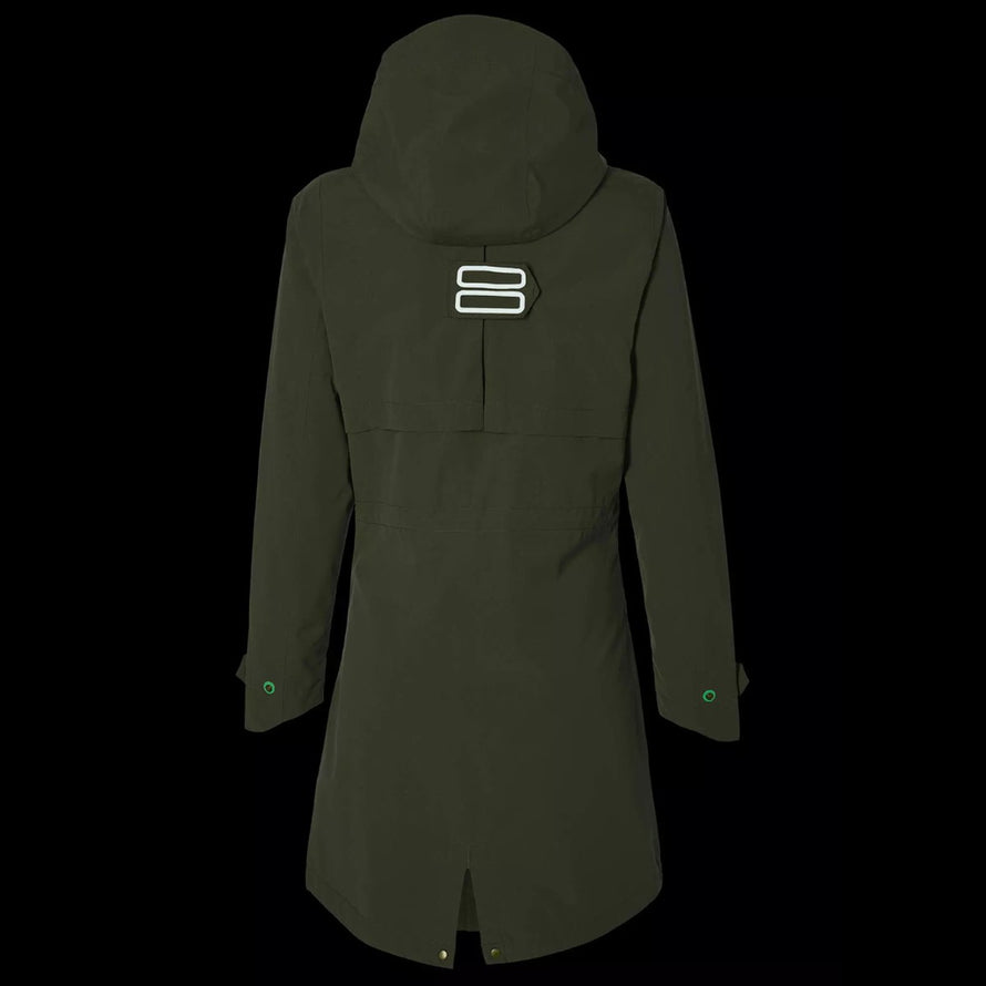 Parka pluie chaude vert olive pour femme Mosse Basil vue de dos avec capuche et détails réfléchissants