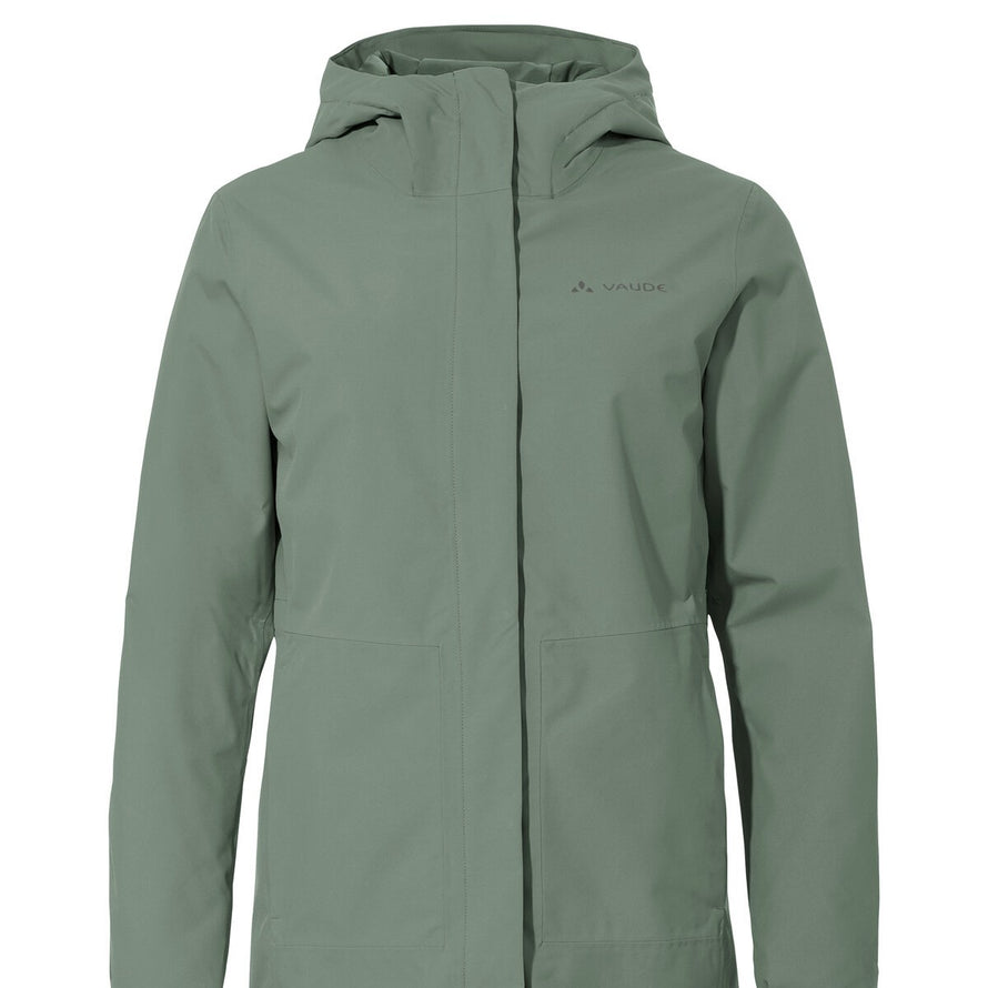 Parka velo femme Cyclist II Vaude verte avec capuche, impermee et chaude pour cyclistes en hiver