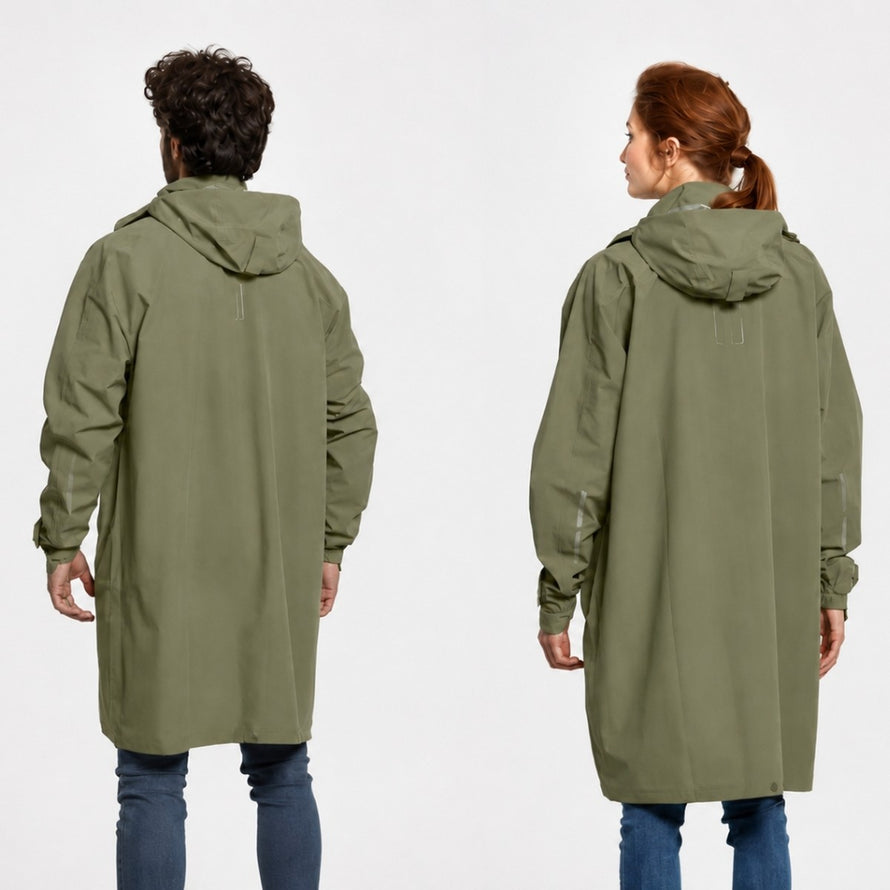 Poncho pluie vélo Basil Mosse unisexe kaki vue arrière, imperméable et confortable pour cyclistes urbains