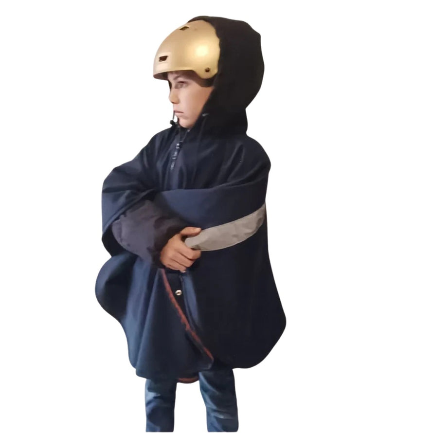 Poncho vélo enfant imperméable JUP-ON 3-en-1 avec capuche, protection pluie et sécurité réfléchissante