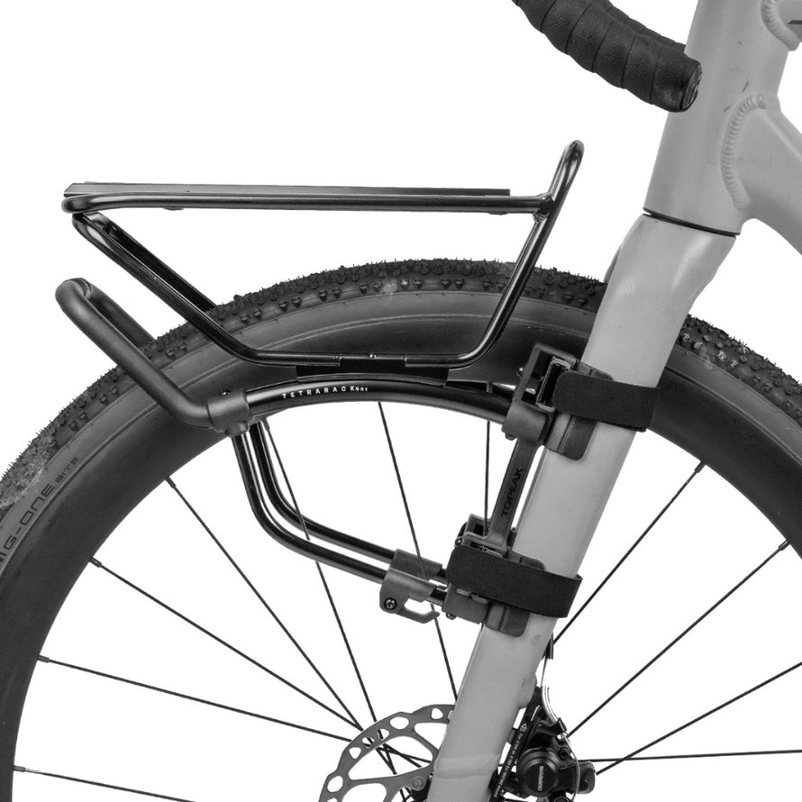 Porte-bagages avant Topeak TetraRack GR1 fixé sur fourche de vélo pour transport léger et solide