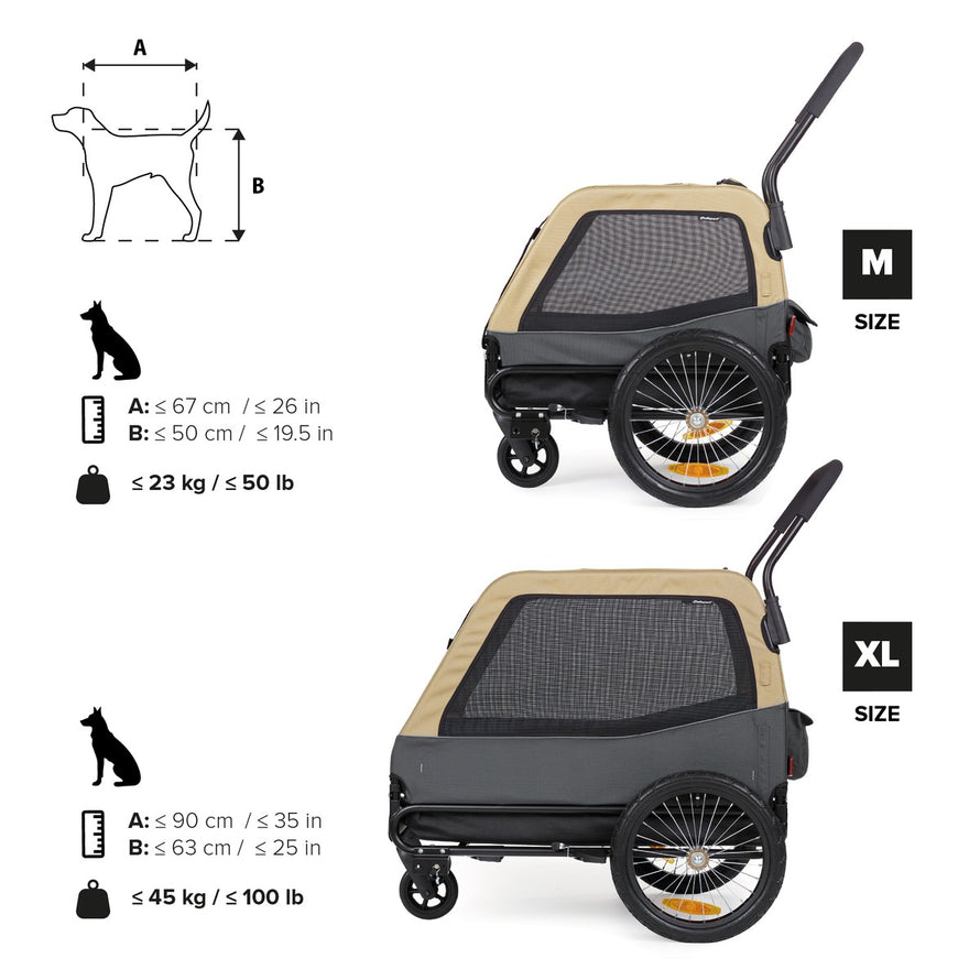 Remorque vélo chien Polisport 2-en-1 disponible en tailles M et XL, capacité jusqu'à 45 kg, confortable et sécurisée