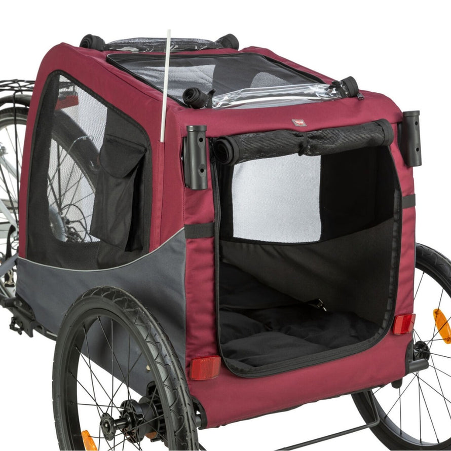 Remorque velo pour chien Trixie modele 22kg rouge et gris, pratique et securisee pour vos sorties a velo
