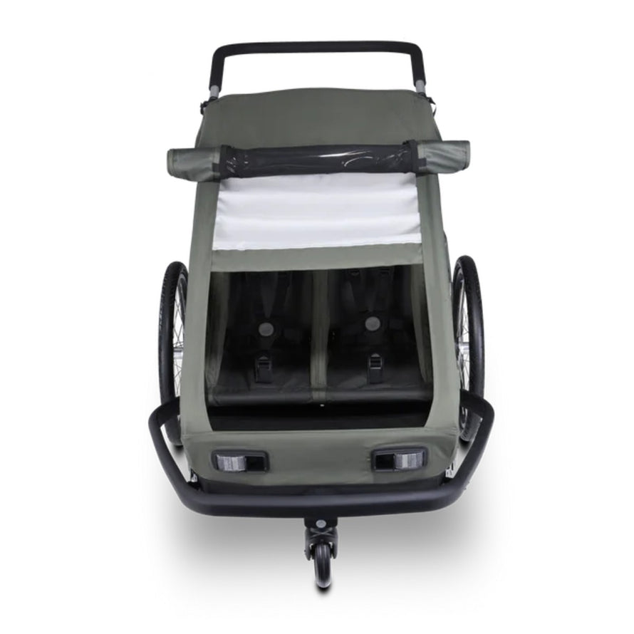 Remorque vélo enfant 2 places Croozer Kid Ellma 2 olive avec double siège sécurisé et protection optimale