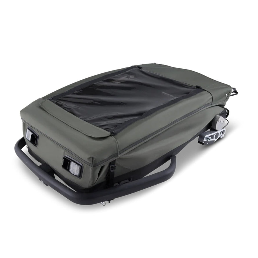 Remorque vélo enfant 2 places Croozer Kid Ellma 2 olive pliée pour un rangement facile et transport simplifié