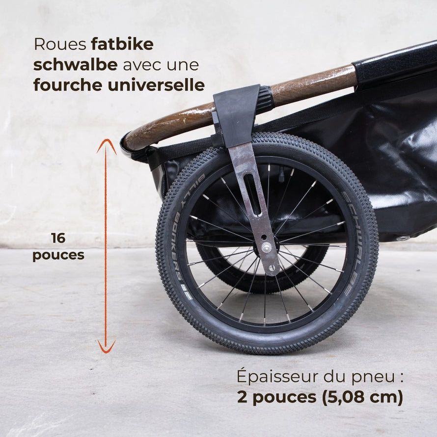 Remorque vélo Globeforyou Maïna 16+ avec roues fatbike Schwalbe et fourche universelle pour une meilleure stabilité