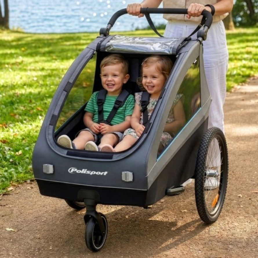 Remorque vélo et poussette 2-en-1 Polisport pour enfant 7 mois à 4 ans, alliant confort et sécurité pour vos balades