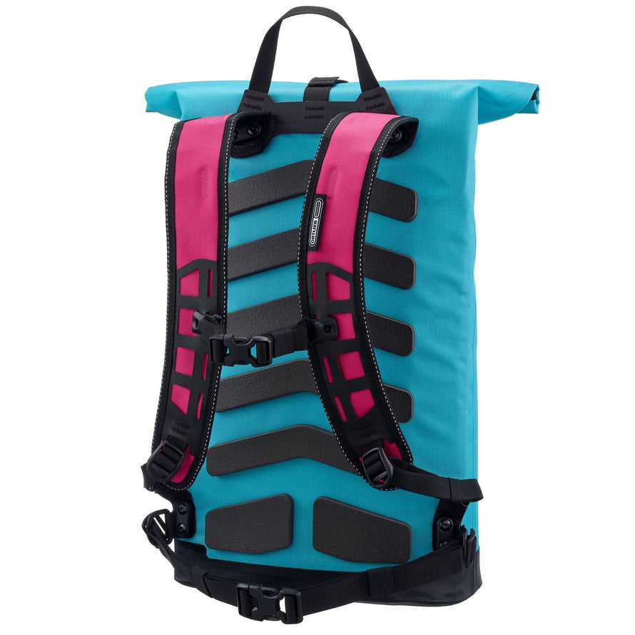 Sac à dos Ortlieb Commuter Daypack bleu et rose, design ergonomique et étanche pour cyclistes urbains