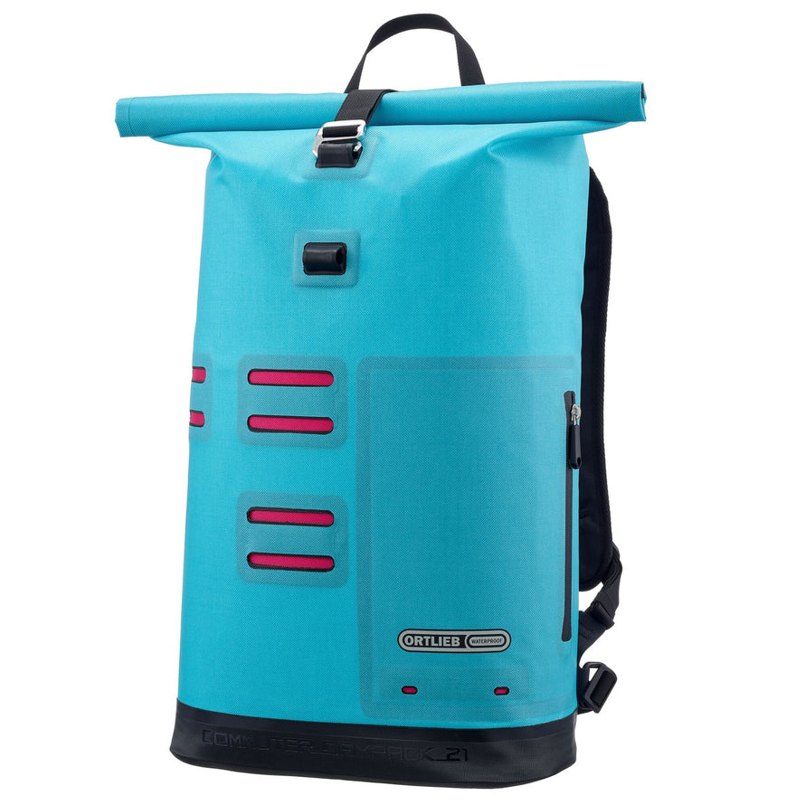 Sac à dos Ortlieb Commuter Daypack turquoise avec accents rouges, étanche et idéal pour cyclistes urbains