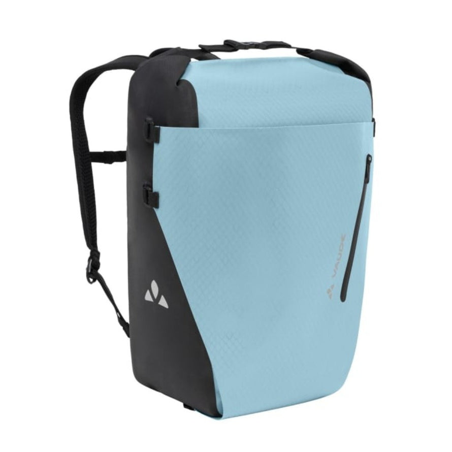 Sacoche sac à dos Vaude Aqua Transformer 26L jaune, étanche et recyclé, fixée sur porte-bagages vélo