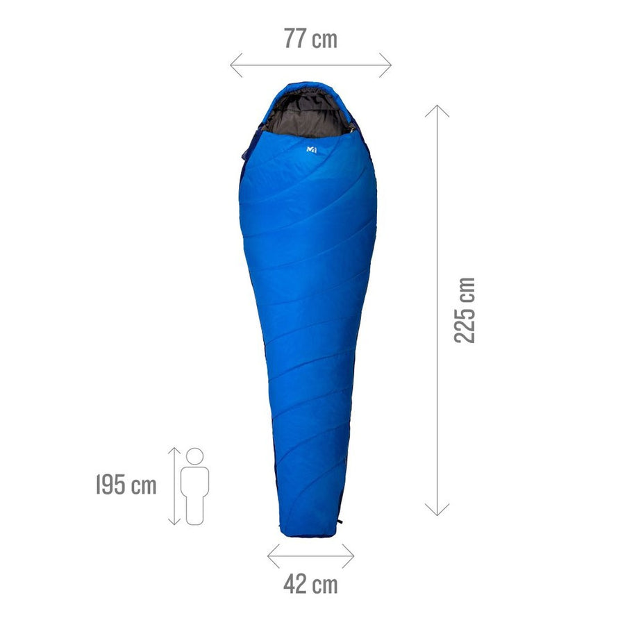 Sac de couchage Baikal 750 Millet bleu avec dimensions précises pour camping et randonnée outdoor