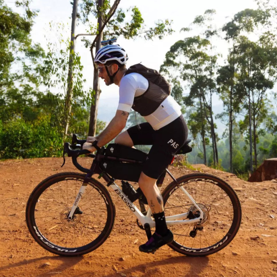 Sacoche de cadre bikepacking Internode Adventure WP Miss Grape on bike