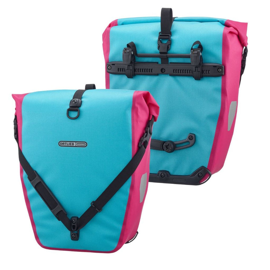 Sacoches vélo Ortlieb Back Roller Cyber 2x20L bleu et rose avec fixation arrière et avant pour vélo urbain