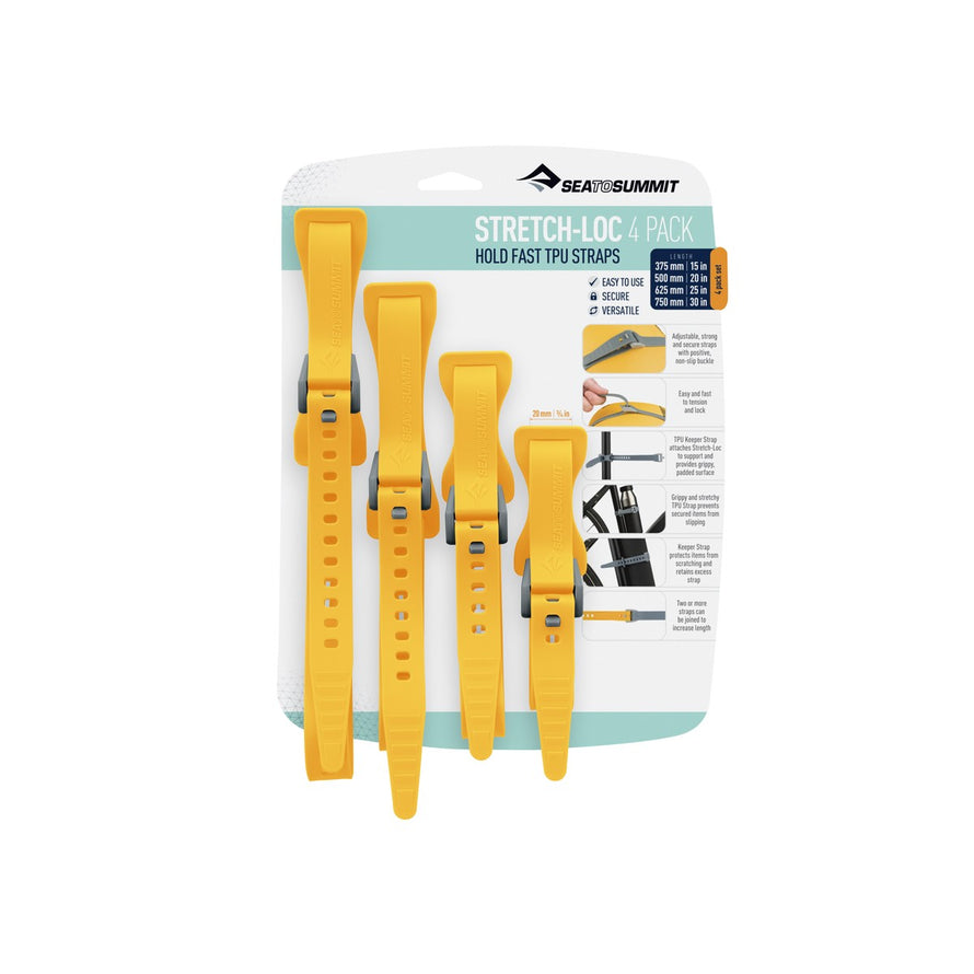 Set de 4 sangles Sea to Summit Stretch-Loc en TPU jaune, ajustables et sécurisées pour vélo et activités outdoor
