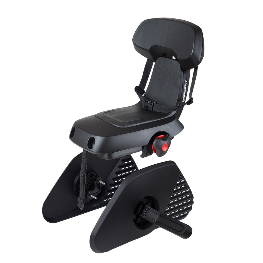 Siège enfant Guppy Junior noir avec cale pieds sur porte bagage arrière vélo par Polisport