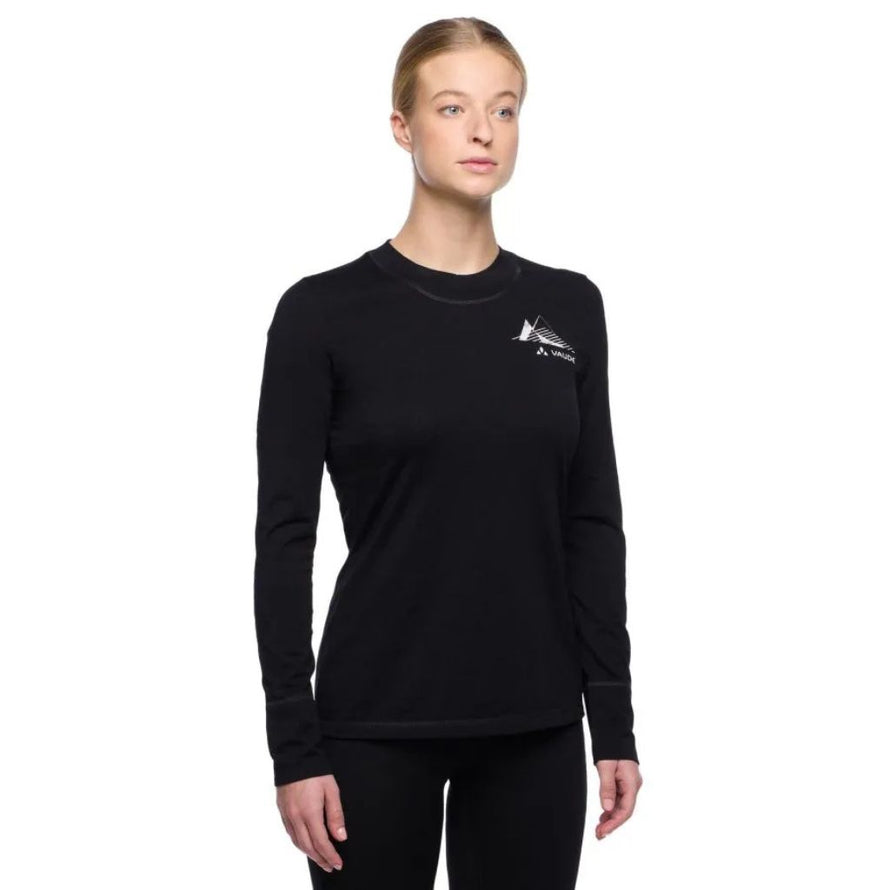 T-shirt vélo femme Vaude Monviso II en laine mérinos certifiée, coupe féminine, textile fin et respirant.