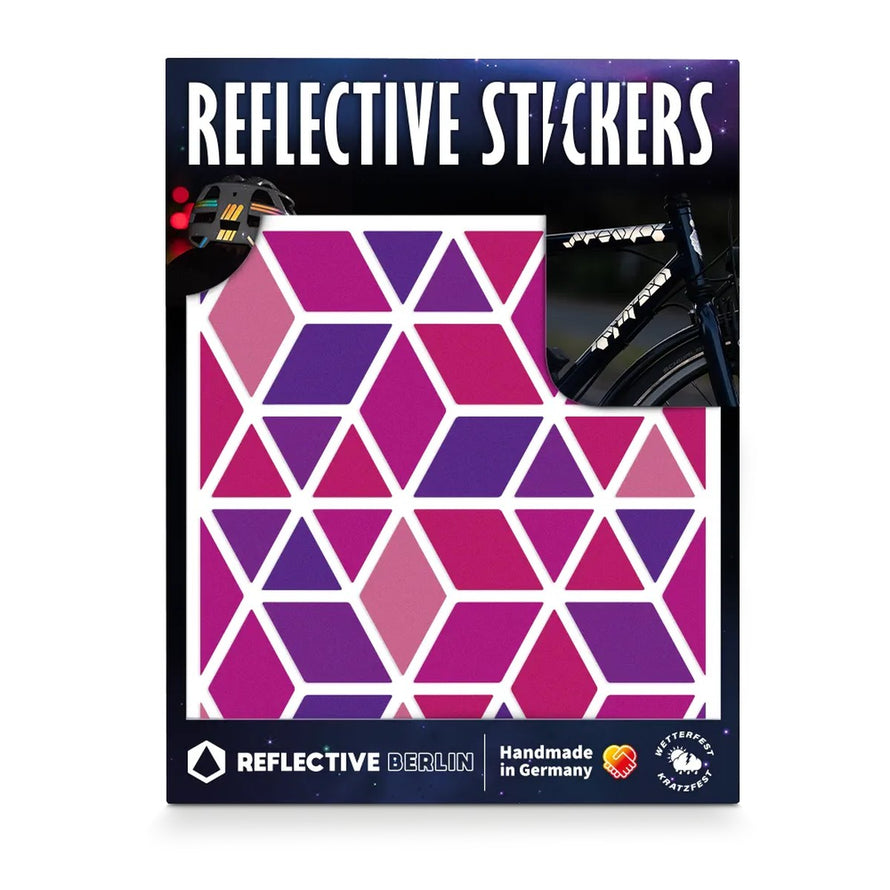 Stickers reflechissants motifs hexagones violets pour velo et casque Reflective Berlin modele securite et style