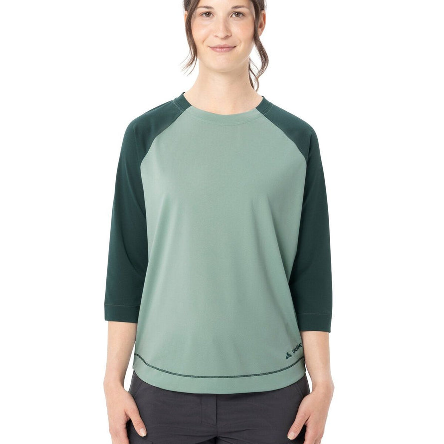 T-Shirt Vaude Neyland 3/4 Femme vert clair avec manches raglan foncées et tissu respirant pour cyclisme