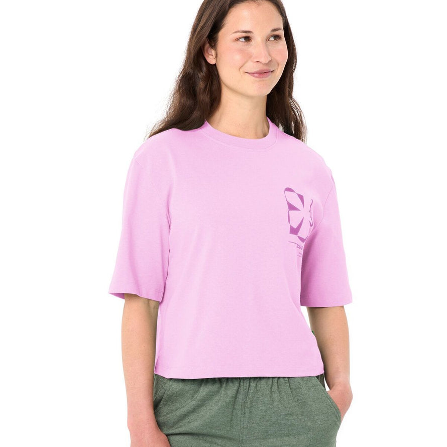 T-shirt Femme Vaude Redmont en coton bio rose avec motif graphique, confortable et écologique pour cyclisme