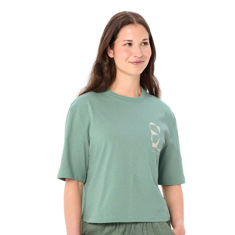 T-shirt Femme Vaude Redmont vert clair en coton bio avec motif graphique, confortable et écologique pour cyclisme