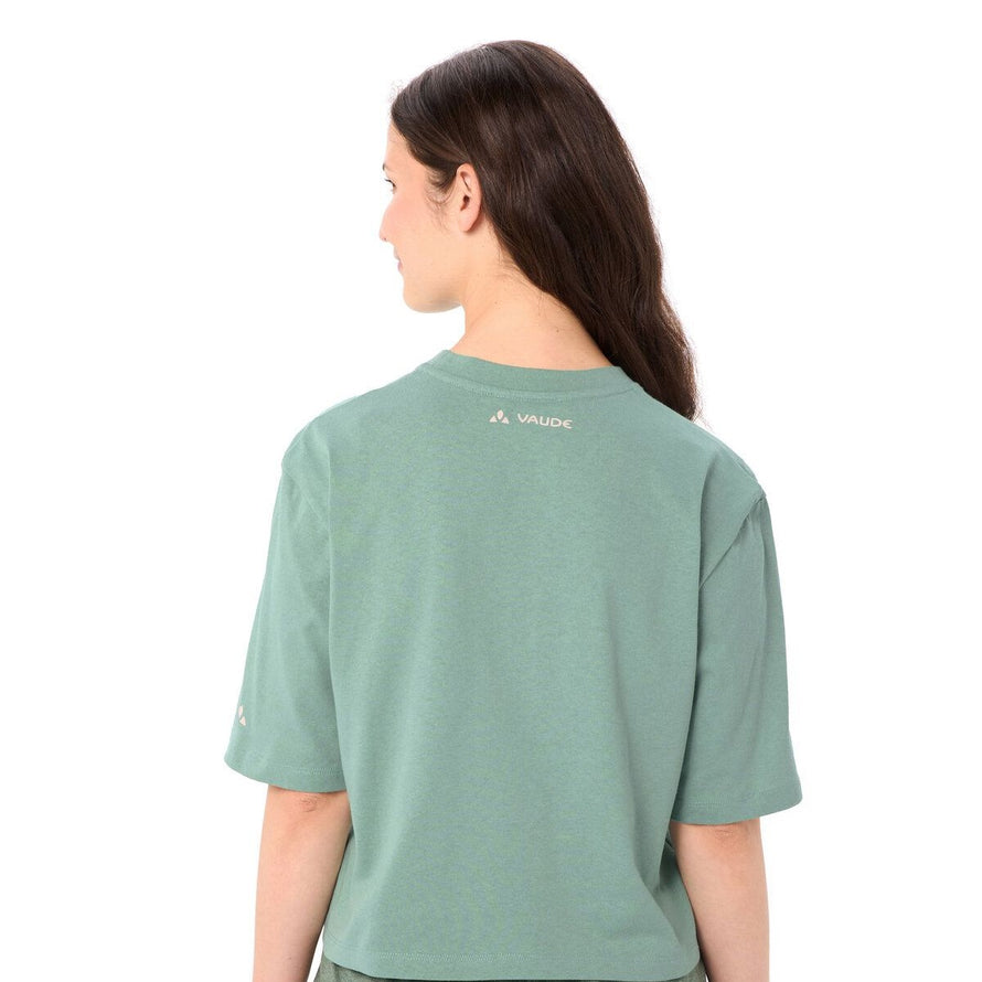 T-shirt Femme Vaude Redmont coton bio vert vue dos avec logo discret, confortable et écologique pour cyclisme
