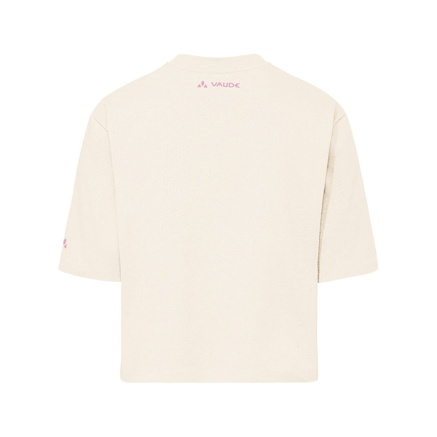 T-shirt Femme Vaude Redmont Heavyweight beige avec logo rose sur l'épaule, style et confort cyclisme