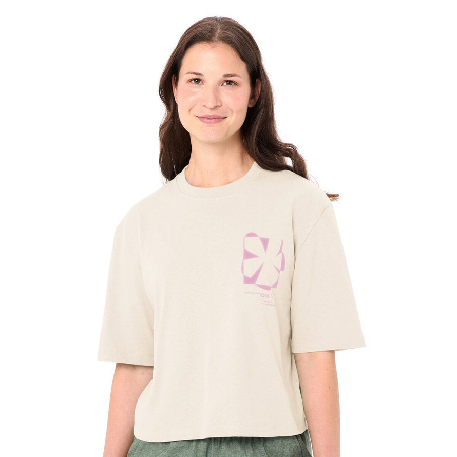 T-shirt Femme Vaude Redmont Heavyweight beige avec motif rose à l'avant, style décontracté et confortable