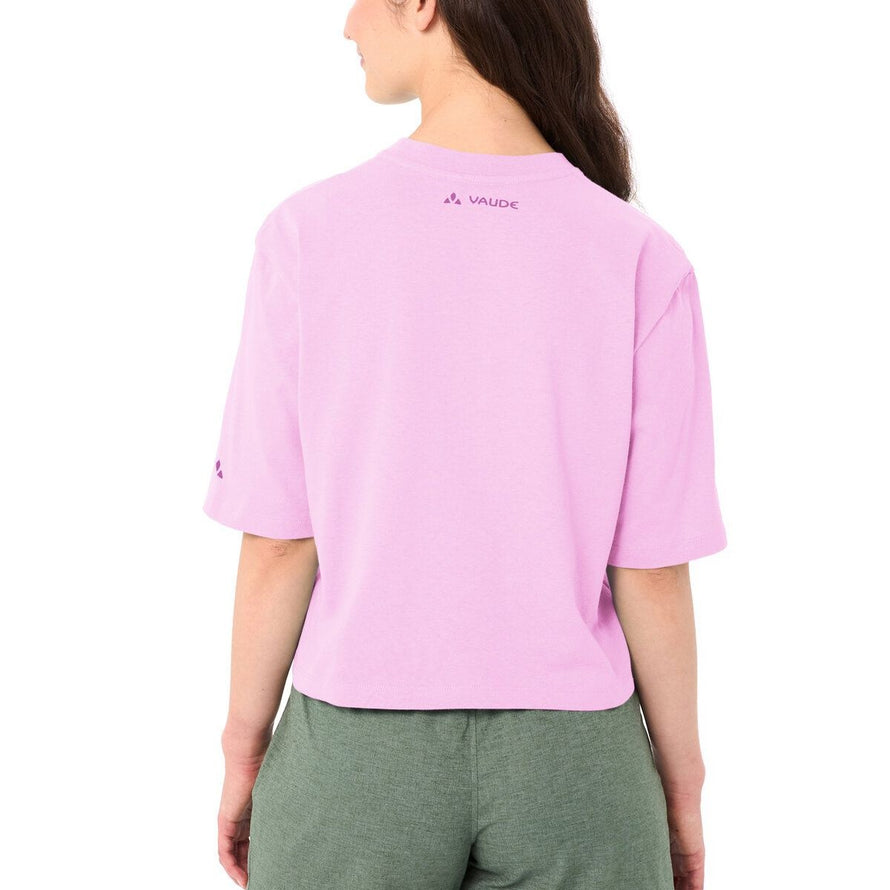 T-shirt Femme Vaude Redmont Heavyweight rose clair vue dos avec logo discret, confortable et écologique en coton bio