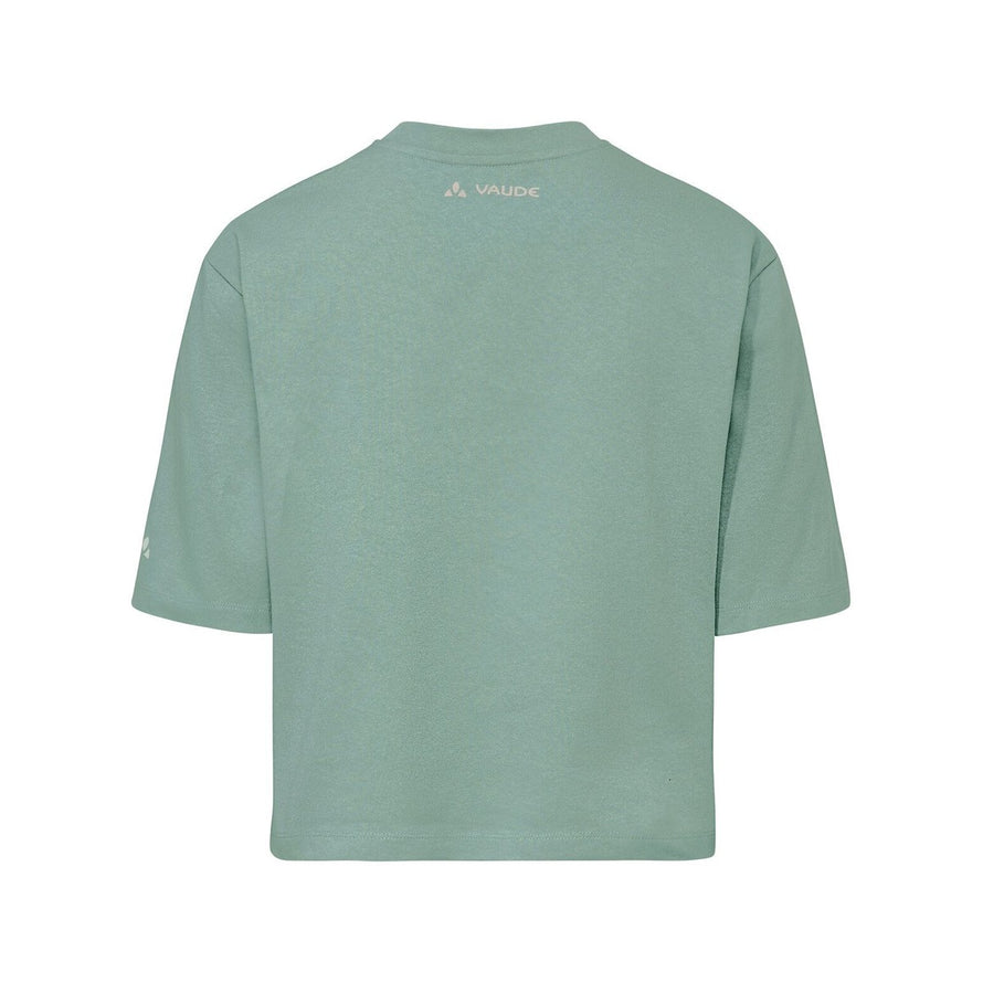 T-shirt Femme Vaude Redmont Heavyweight vert pastel vue dos avec logo discret, confort et style pour cyclisme