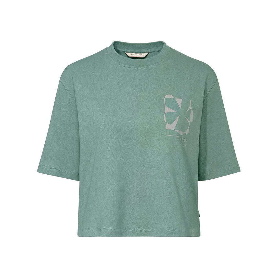 T-shirt Femme Vaude Redmont Heavyweight vert avec motif graphique moderne, confortable et idéal pour cyclisme