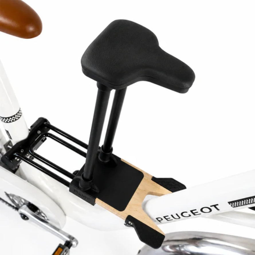 Siege velo avant Tximy pour enfants 5 a 10 ans avec fixation metal et plateforme bois sur cadre