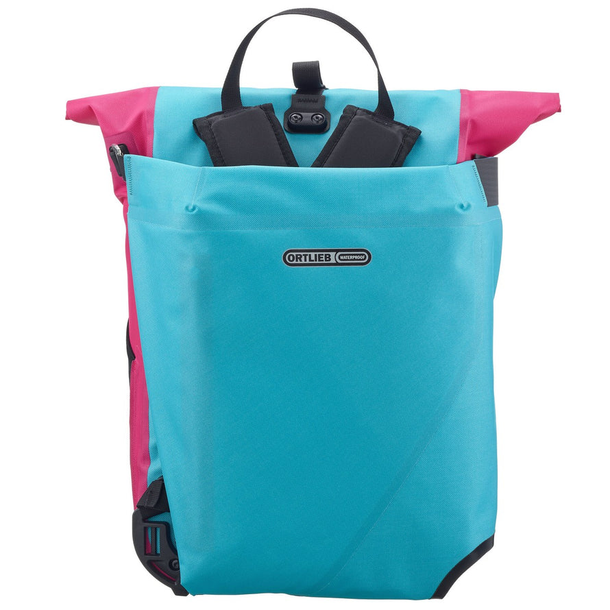 Sacoche vélo convertible sac à dos Vario Ortlieb vue avant avec poignée et bretelles bleu et rose