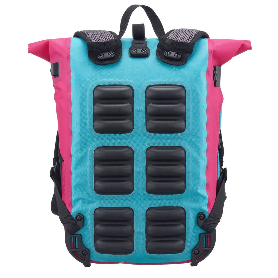 Sacoche vélo convertible sac à dos Vario Ortlieb vue dos avec rembourrage ergonomique bleu et rose