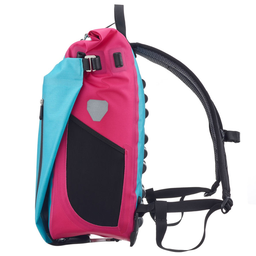 Sacoche velo convertible sac a dos Vario Ortlieb vue profil avec poche laterale bleu et rose