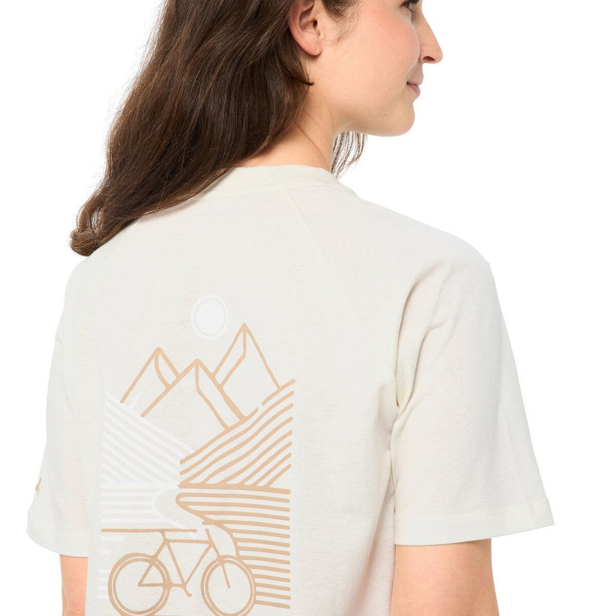 T-shirt Vaude Cyclist Casual Femme beige avec motif montagne et vélo au dos