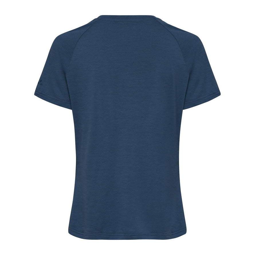 T-shirt Essential en laine pour femme Vaude bleu fonce, parfait pour le confort et la performance en velo