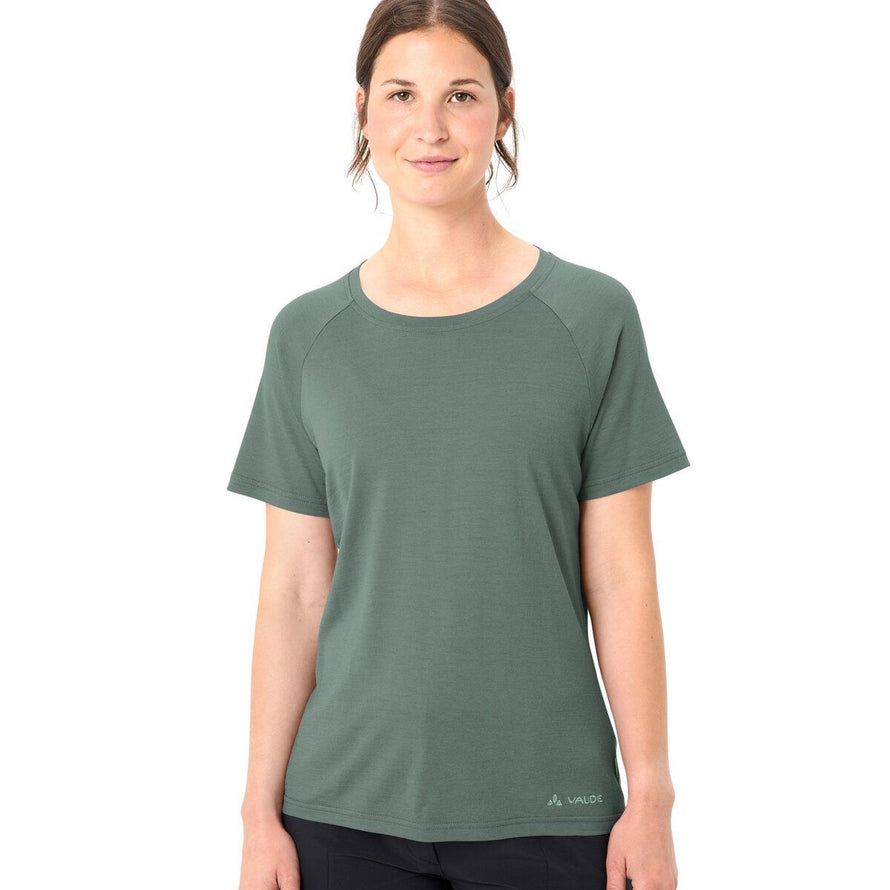 T-shirt Essential en laine femme Vaude vert mousse, respirant et confortable pour le cyclisme