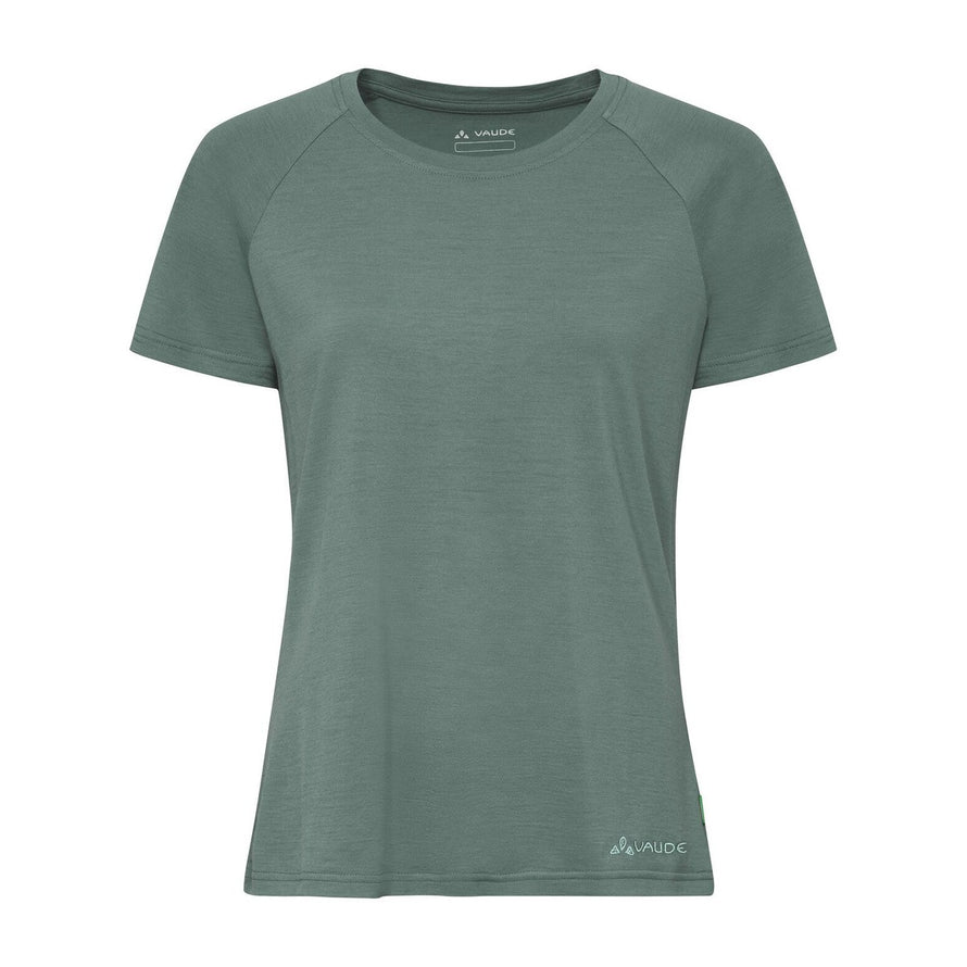 T-shirt Essential en laine pour femme Vaude vert sauge, respirant et confortable pour le cyclisme