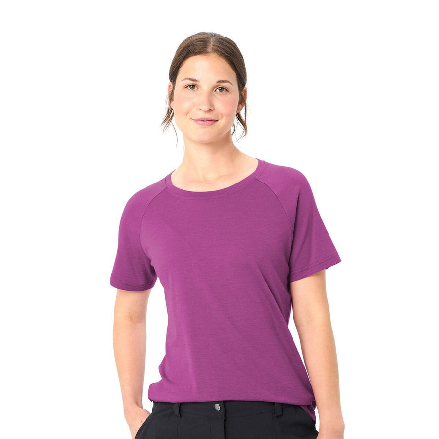 T-shirt Femme Vaude Essential merinos couleur fuchsia, respirant et confortable pour cyclisme et activités outdoor