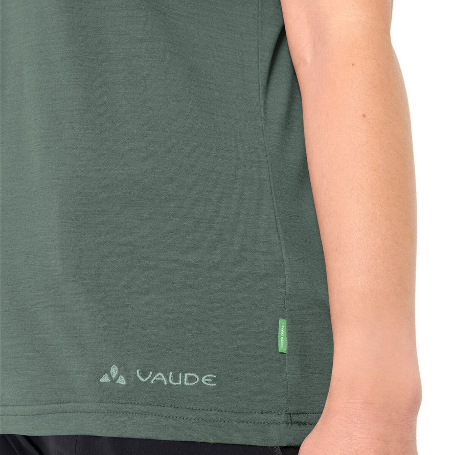 T-shirt Femme Vaude Essential merinos vert fonce, laine naturelle pour cyclisme confortable et respirant
