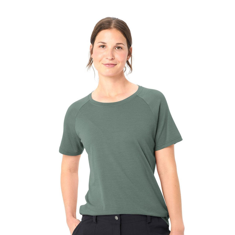 T-shirt Femme Vaude Essential merinos vert pale, laine naturelle respirante et confortable pour cyclisme