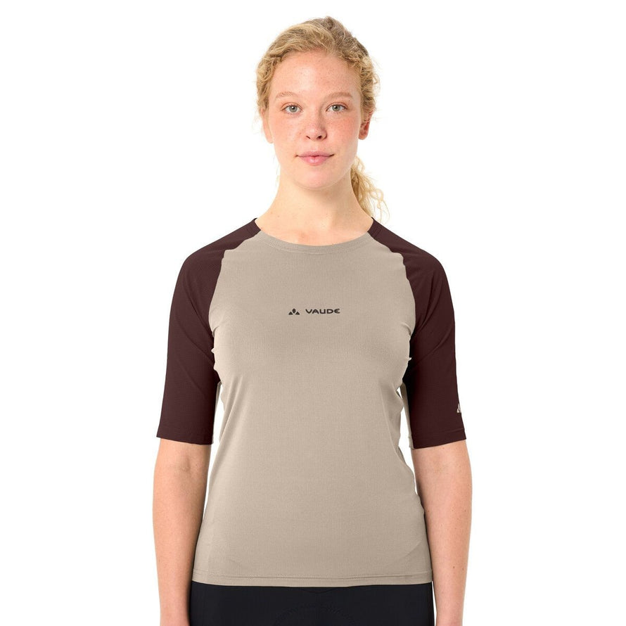 T shirt gravel femme Vaude Kuro II manches courtes bordeaux beige, respirant et adapté au cyclisme
