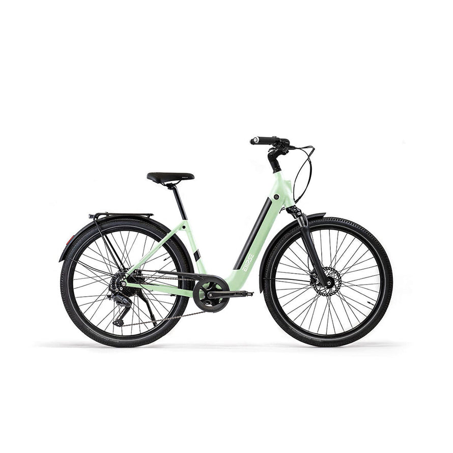 Vélo électrique clignotants integres Ellipse E2 ST Chaîne Fourche Suspendue Vert d'eau Tige de Selle Rigide Cruiser